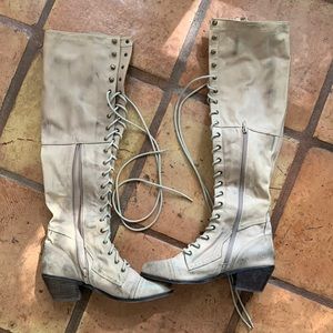 Free People Lace-Up Knee-High Boots in Light Beige